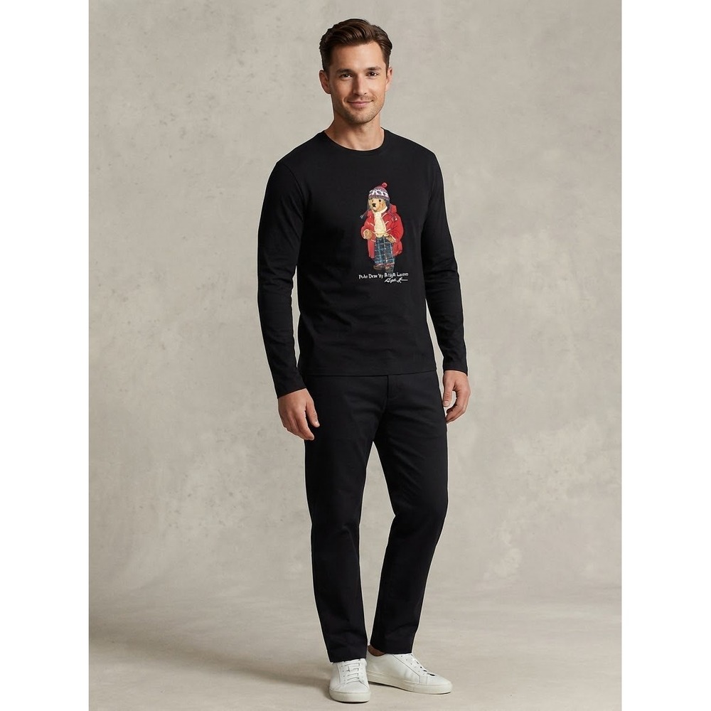 Polo Ralph Lauren Mens T-Shirt Medium Black Polo Bear Long Sleeve Graphic Tee